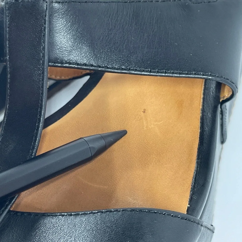 sz 7.5 Bill Blass Ursula Black Leather Platform Wedge Sandals Ankle Strap